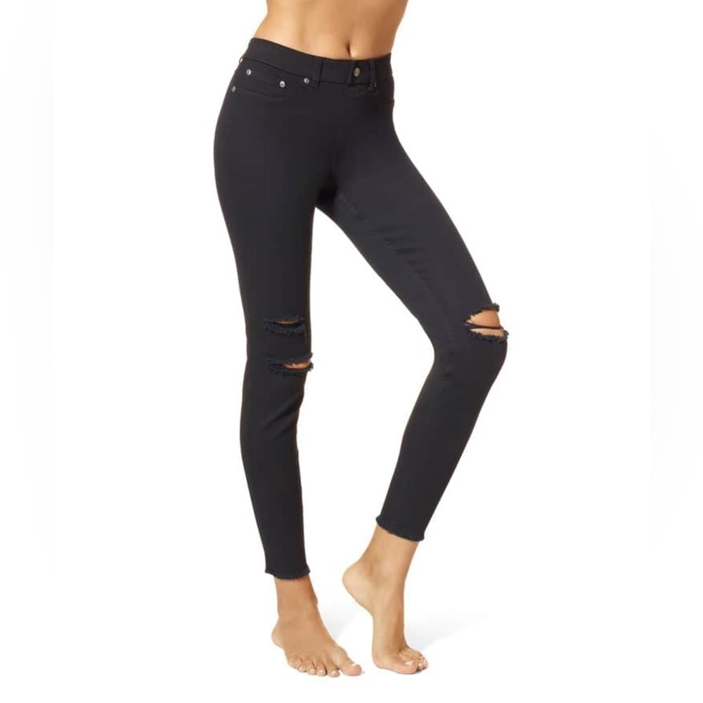 NWT HUE Black Denim Leggings XS – Ripped Knee Jeggings Nordstrom $48 MSRP